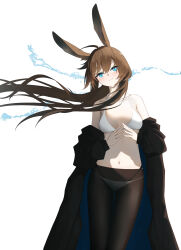  1girl absurdres amiya_(arknights) animal_ears arknights bare_shoulders black_coat black_pantyhose blue_eyes blush bra breasts brown_hair closed_mouth coat collarbone floating_hair hachimin8_(shrine_kyo) highres long_hair long_sleeves looking_at_viewer medium_breasts navel no_shirt off_shoulder own_hands_together panties pantyhose simple_background solo steepled_fingers underwear water white_background white_bra white_panties 