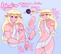  1boy aphrodite_(hornynym) armlet armpit_crease armpits artist_name barefoot blonde_hair bracelet commentary earrings english_commentary eyelashes fairy feet flaccid foreskin gold gold_armlet gold_bracelet greek_text head_chain highres hornynym jewelry long_hair male_futanari nipples nude original penis penis_peek pointy_ears presenting_armpit pussy reference_sheet ring runes simple_background smile smirk solo split_mouth standing testicles thick_thighs thighs trap undead 