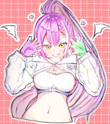  1girl absurdres badge bandeau blush braid braided_bangs breasts buckle button_badge chromatic_aberration claw_pose colored_inner_hair fangs gloves green_eyes green_gloves highres hololive hooded_shrug long_hair looking_at_viewer medium_breasts multicolored_hair navel navel_piercing piercing pink_hair ponytail ponzu_(low_ponzu) purple_gloves purple_hair ribbed_bandeau see-through_clothes see-through_sleeves shirt shrug_(clothing) smile snap-fit_buckle solo strapless streaked_hair tokoyami_towa tokoyami_towa_(cyberpunk) tube_top two-sided_gloves virtual_youtuber white_bandeau white_shirt white_tube_top 