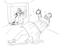  2boys bb_(baalbuddy) coat dual_wielding firing greyscale gun hallway handgun highres holding holding_gun holding_weapon max_payne max_payne_(series) monochrome multiple_boys muzzle_flash shell_casing trench_coat weapon 