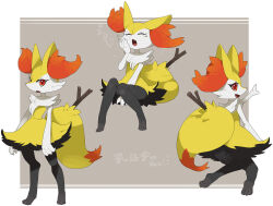  1other animal_ears ass black_fur braixen closed_eyes commentary fang feet fox_ears fox_tail furry gen_6_pokemon hatenakayubi legs nintendo open_mouth orange_eyes orange_fur other_focus pokemon pokemon_(creature) smile standing stick tail white_fur yawning yellow_fur 