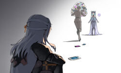  1boy 2girls absurdly_long_hair armor arms_at_sides bandaged_head bandages black_shoes blue_hair bodysuit brown_hair brown_jacket brown_pants bubble colored_inner_hair commander_(nikke) commentary commentary_request english_commentary from_behind goddess_of_victory:_nikke gradient_background grey_background grey_hair highres holding hugging_own_legs jacket little_mermaid_(nikke) long_hair looking_at_another mecha_musume military_uniform modernia_(nikke) multicolored_hair multiple_girls pants ribbon running shoes shoulder_armor sitting standing very_long_hair wge white_background yellow_ribbon 