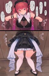  1girl arm_strap armpit_crease ass black_gloves black_skirt cleavage_cutout closed_mouth clothing_cutout commentary_request frilled_skirt frills from_behind glory_wall gloves gradient_hair hair_ornament hair_ribbon hat heterochromia highres hololive houshou_marine jewelry long_hair looking_at_viewer miniskirt multicolored_hair multiple_views necklace paid_reward_available red_hair ribbon roke_(taikodon) skirt solo sound_effects speech_bubble stuck sweatdrop thighhighs through_wall translated twintails virtual_youtuber white_thighhighs wooden_floor wooden_wall x_hair_ornament 