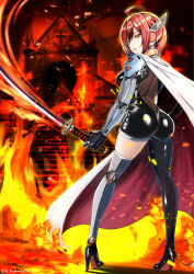  1girl absurdres ahoge akiishiguma ass bodysuit breasts cape cyborg fire full_body high_heels highres holding holding_sword holding_weapon latex latex_bodysuit looking_at_viewer mechanical_ears medium_breasts original pigeon-toed prosthesis prosthetic_arm prosthetic_leg red_hair shiny_clothes short_hair single_leg_bodysuit solo standing sword weapon white_cape yellow_eyes 