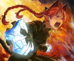 1girl animal_ears braid cat_ears cat_girl cat_tail claws dress extra_ears fangs female_focus fire fire glowing glowing_hand green_dress kaenbyou_rin long_hair open_mouth pointy_ears potionu red_eyes red_hair slit_pupils solo tail touhou twin_braids rating:Sensitive score:8 user:danbooru