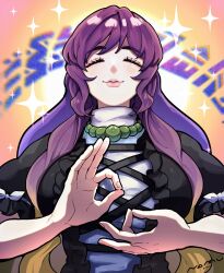  168namu3 1girl ^_^ breasts closed_eyes cross-laced_clothes dress frilled_sleeves frills gradient_hair highres hijiri_byakuren jewelry large_breasts layered_dress mudra multicolored_hair necklace orange_background puffy_short_sleeves puffy_sleeves purple_hair short_sleeves signature simple_background solo sorcerer&#039;s_sutra_scroll sparkle touhou turtleneck upper_body 