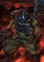  1boy armor asymmetrical_dual_wielding belt belt_pouch boots breastplate camouflage camouflage_pants camouflage_shirt chainsaw commission doom_(series) doom_64 doomguy dual_wielding embers energy_gun fighting_stance gun hell helmet holding holding_chainsaw holding_gun holding_weapon muscular muscular_male pants plasma_rifle porukima pouch radio_antenna shirt shoulder_armor solo weapon 