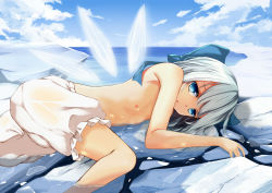 1girl absurdres bad_id bad_pixiv_id bloomers blue_bow blue_eyes blue_hair blue_sky bow breasts cirno cloud cloudy_sky day female_focus hair_bow highres ice ice_wings ke-ta_(style) looking_at_viewer mu_yan nipples outdoors partially_submerged sky small_breasts solo tan tanned_cirno topfreedom topless_female touhou underwear water wet wet_clothes wings rating:Questionable score:39 user:danbooru
