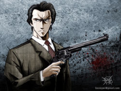  1boy artist_name black_hair blood blood_on_face blood_stain brown_hair brown_jacket clint_eastwood collared_shirt commentary dirty_harry dress_shirt english_commentary fasslayer formal_clothes grey_background gun handgun harry_callahan holding holding_gun holding_weapon jacket long_sleeves male_focus mature_male necktie red_necktie revolver shirt solo suit suit_jacket watermark weapon white_shirt 
