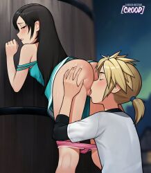  1boy 1girl aged_down artist_name ass black_hair blonde_hair blue_dress blush closed_eyes cloud_strife commentary cunnilingus dress english_commentary final_fantasy final_fantasy_vii final_fantasy_vii_remake grabbing_another&#039;s_ass groping highres long_hair loodncrood night night_sky oral outdoors panties panties_around_knees pink_panties ponytail red_eyes shirt short_hair short_ponytail sky tifa_lockhart tongue underwear water_tank white_shirt 