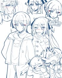  1boy 1girl ? alternate_costume anger_vein blush bow casual closed_eyes coat contemporary cross-shaped_pupils ear_blush eating eyelashes eyeliner eyeshadow food food_wrapper fringe_trim genshin_impact greyscale hair_bow half-closed_eyes hetero highres holding holding_food jacket kgt1mzp8wzk83g6 leaf leaf_on_head long_hair long_sleeves makeup mittens mona_(genshin_impact) monochrome open_clothes open_jacket open_mouth puff_of_air red_eyeliner red_eyeshadow scaramouche_(genshin_impact) scarf sidelocks spot_color steamed_bun sweatdrop swept_bangs symbol-shaped_pupils tsurime twintails undershirt wispy_bangs 