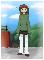  1boy black_skirt brown_eyes brown_footwear brown_hair green_sweater highres long_hair looking_at_viewer miniskirt original park self-upload skirt socks sweater trap umjulioai white_socks 
