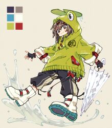 1girl animal_hood black_gloves black_pants blush boots brown_background brown_eyes brown_hair closed_mouth color_guide commentary_request fingerless_gloves frog_hood full_body gloves green_hoodie hair_ornament hairclip highres holding holding_umbrella hood hood_up hoodie long_sleeves notamaru_2 original pants short_hair simple_background smile solo splashing twitter_username umbrella white_boots white_umbrella 