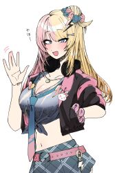  1girl absurdres amesuku_gyaru arm_up belt blonde_hair blue_eyes blue_necktie blush breasts cleavage cropped_jacket gyaru hair_ornament hair_scrunchie hand_in_pocket headphones headphones_around_neck highres jewelry kogal kotoka_torahime kotoka_torahime_(1st_costume) large_breasts lightning_bolt lightning_bolt_hair_ornament lightning_bolt_symbol long_hair looking_at_viewer midriff multicolored_hair multicolored_shirt navel necklace necktie nijisanji nijisanji_en open_mouth pink_belt pink_hair pink_nails scrunchie shirt solo split-color_hair talking three-quarter_sleeves tied_shirt tsuukon_(tukonn) virtual_youtuber waving white_background wrist_scrunchie x_hair_ornament 