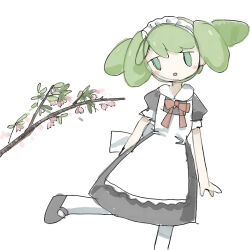  1girl :o apron black_dress blush_stickers bow bowtie branch cone_hair_bun cowboy_shot dress flower green_eyes green_hair hair_bun highres leaf maid maid_apron maid_headdress mary_janes no_pupils open_mouth original red_bow red_bowtie shoes short_hair short_sleeves simple_background solo standing standing_on_one_leg thighhighs tsukumizu_yuu white_background white_thighhighs 
