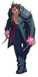  1boy absurdres angry bandaged_hand bandages blood blood_stain brown_hair clenched_teeth edaki_shin&#039;ya energy full_body gakuran game_cg glowing glowing_eyes highres hunched_over jacket justice_gakuen kazama_daigo male_focus midriff_sarashi moero!_justice_gakuen non-web_source official_art open_clothes open_jacket sarashi scar scar_across_eye scar_on_face school_uniform simple_background solo spiked_hair teeth unbuttoned_jacket walking white_background 