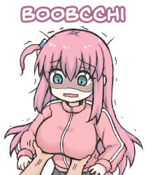  1girl 1other blue_eyes bocchi_the_rock! breasts cube_hair_ornament disembodied_hand english_text gotoh_hitori grabbing_another&#039;s_breast greenteaneko groping hair_between_eyes hair_ornament highres jacket large_breasts long_hair long_sleeves one_side_up open_mouth pink_hair pink_jacket sexual_harassment simple_background solo_focus track_jacket trembling white_background 