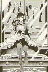  1girl apron boots braid breasts closed_mouth commentary_request earrings gloves hair_ribbon highres holding holding_sword holding_weapon jacket jewelry katana kimi_wa_meido-sama large_breasts long_hair looking_at_viewer maid maid_headdress monochrome pantyhose ribbon shirt shotan sitting skirt solo sword weapon yuki_(kimi_wa_meido-sama) 