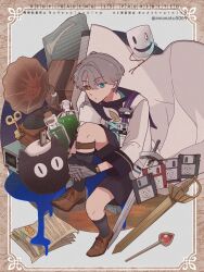  1boy adversarial_noise amanatsu_(amanatu5069) black_sclera black_shorts black_socks blue_eyes border brown_border brown_shoes carbuncle_(reverse:1999) coat colored_sclera floppy_disk full_body gloves grey_background grey_gloves grey_hair heterochromia highres hugging_own_leg id_card legwear_garter looking_at_viewer male_focus mask mismatched_sclera outside_border phonograph potion reverse:1999 rosetta_stone shoes short_hair shorts single_legwear_garter sitting socks solo sword unworn_mask weapon white_coat x_(reverse:1999) yellow_eyes 