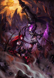  2girls absurdres armor armored_boots belt belt_skirt black_gold_saw black_horns black_rock_shooter black_shorts boots chain fire flaming_eye gauntlets greaves highres horns huge_weapon insane_black_rock_shooter jacket king_saw long_hair loose_belt multiple_girls open_clothes open_jacket purple_eyes purple_fire purple_hair red_eyes red_hair rock_cannon scar shorts skeletal_hand steven_kn stitches sword twintails uneven_twintails weapon 