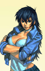  1girl angel_(angel_cop) angel_cop blue_hair breasts choker chuck_pires cleavage crossed_arms female_focus fingerless_gloves gloves green_eyes halterneck jacket lips solo 