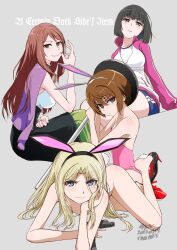 4girls absurdres animal_ears black_hair blonde_hair blue_eyes brown_eyes brown_hair frenda_seivelun high_heels highleg highleg_leotard highres jacket kinuhata_saiai legs leotard long_hair mac-v mugino_shizuri multiple_girls playboy_bunny purple_eyes short_hair shorts smile sportswear takitsubo_rikou toaru_anbu_no_item toaru_kagaku_no_railgun toaru_majutsu_no_index track_jacket  rating:Questionable score:19 user:Anti_Gendou