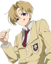  1boy :q absurdres blonde_hair clannad highres hikarizaka_private_high_school_uniform ike_0910 jacket long_sleeves looking_at_viewer male_focus necktie red_necktie school_uniform shirt simple_background solo sunohara_youhei thumbs_up tongue tongue_out upper_body white_background white_shirt yellow_jacket 