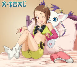 2girls animal_ears bed belt breasts brown_eyes cat cat_ears digimon digimon_adventure_02 grabbing_another&#039;s_breast groping hug hug_from_behind jewelry multiple_girls navel one_eye_closed open_belt pillow ring shoes shorts small_breasts smile socks tailmon unworn_shoes white_socks wink x-teal2 yagami_hikari yuri