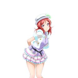  1girl arms_behind_back belt belt_buckle black_belt blush breasts buckle closed_mouth cowboy_shot frilled_skirt frills fur_jacket hat hat_feather headset heart heart_necklace jacket jewelry layered_skirt looking_at_viewer love_live! love_live!_school_idol_festival love_live!_school_idol_project medium_breasts medium_hair necklace nishikino_maki official_art purple_eyes purple_shirt red_hair shirt skirt smile snow_halation solo standing transparent_background turtleneck turtleneck_shirt white_hat white_jacket white_skirt 