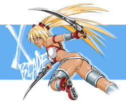  1girl :o ass ayumi_(x-blades) blonde_hair blue_eyes bracer breasts dark-skinned_female dark_skin dual_wielding harahachibu_ajinosuke holding long_hair looking_back panties running small_breasts solo tan thigh_strap thong tri_tails underwear very_long_hair weapon x-blades 