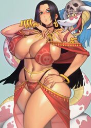  1girl 1other annoyed armlet bare_shoulders bikini black_hair blue_background blue_eyes boa_hancock bracelet breasts cowboy_shot earrings huge_breasts jewelry kelvin_hiu long_hair navel one_piece red_bikini salome_(one_piece) simple_background snake snake_earrings standing swimsuit 