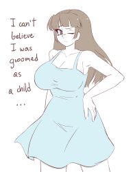  1girl aged_up borrowed_character breasts brown_hair camicaoo child_gf_(orenji) cleavage curvy dress english_text highres large_breasts long_hair original pale_skin purple_eyes simple_background solo tagme thick_thighs thighs wide_hips  rating:Sensitive score:125 user:SadSap