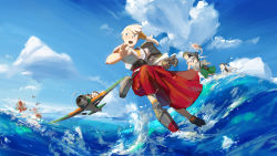  akagi_(kancolle) ark_royal_(kancolle) bismarck_(kancolle) blonde_hair blue_eyes cloud damage_control_crew_(kancolle) day fairy_(kancolle) flight_deck gloves hair_between_eyes hakama hakama_short_skirt hakama_skirt helmet_musume_(kancolle) japanese_clothes kaga_(kancolle) kantai_collection kasuga_maru_(kancolle) long_hair machinery maintenance_musume_(kancolle) ocean open_mouth ribbon sailing shin&#039;you_(kancolle) side_ponytail single_glove skirt sky taiyou_(kancolle) waves ye_fan 