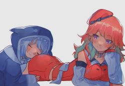  2girls animal_costume animal_hood bare_shoulders blue_hair blue_hoodie blush chef_hat closed_eyes closed_mouth collared_shirt detached_sleeves earrings feather_earrings feathers gawr_gura gawr_gura_(1st_costume) gradient_hair green_hair grey_hair hat head_on_ass highres hololive hololive_english hood hoodie jewelry kokomi_(aniesuakkaman) long_hair long_sleeves looking_at_another lying medium_hair multicolored_hair multiple_girls on_stomach orange_hair orange_headwear orange_shorts purple_eyes shark_costume shark_girl shark_hood shirt shorts simple_background sleeves_past_wrists smile streaked_hair swept_bangs takanashi_kiara two-tone_hair virtual_youtuber white_background wide_sleeves yuri  rating:Sensitive score:28 user:danbooru