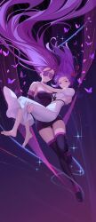  2girls absurdly_long_hair absurdres bare_shoulders barefoot blindfold boots breaker_gorgon breasts bug butterfly carrying carrying_person closed_mouth commentary dress drid english_commentary facial_mark fate/stay_night fate_(series) feet floating_hair forehead_mark full_body gradient_background heaven&#039;s_feel highres insect knees_together_feet_apart legs long_hair looking_at_viewer matou_sakura medium_breasts medusa_(fate) medusa_(rider)_(fate) multiple_girls night purple_background purple_dress purple_eyes purple_hair short_dress short_sleeves sky soles sparkle star_(sky) starry_sky strapless strapless_dress thigh_boots thighs toes very_long_hair white_dress 