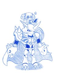  blue_eyes digimon digimon_(creature) digimon_story:_cyber_sleuth hair_ornament hairpin long_hair monochrome omegamon pink_hair shiramine_nokia sketch twintails  rating:General score:0 user:Chaos11