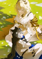  2girls aglaea_(honkai:_star_rail) animal_ears arm_ribbon bare_shoulders belt black_belt black_cape blonde_hair blue_cape bracelet breasts cape cat_ears cat_girl cat_tail cipher_(honkai:_star_rail) cipher_(in_pursuit_of_the_wind)_(honkai:_star_rail) cleavage closed_eyes closed_mouth day detached_sleeves dress drill_hair drill_sidelocks flower gold_bracelet grass greco-roman_clothes grey_dress grey_hair hair_between_eyes hair_flower hair_ornament hand_on_another&#039;s_head highres honkai:_star_rail honkai_(series) hood hooded_cape jewelry large_breasts laurel_crown lying lying_on_lap multiple_girls nail_polish official_alternate_costume on_side outdoors puffy_short_sleeves puffy_sleeves ribbon ring seiza shadow short_hair short_sleeves sidelocks sitting sleeping sleeveless sleeveless_dress smile tail torn_clothes torn_dress toru8w8 two-sided_cape two-sided_fabric watermark white_dress white_flower yellow_nails yellow_ribbon 