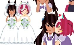  2girls :d ^_^ animal_ears astronghouse black_hair bouquet bridal_veil closed_eyes commentary couple dark-skinned_female dark_skin dress eyepatch flower full_body heart holding holding_bouquet horse_ears horse_girl irasutoya kiss kissing_cheek korean_commentary looking_at_another mifune_takashi_(style) multicolored_hair multiple_girls open_mouth purple_shirt red_hair sailor_collar sailor_shirt school_uniform shirt smile standing streaked_hair summer_uniform symboli_kris_s_(umamusume) tanino_gimlet_(umamusume) tracen_school_uniform umamusume veil wedding_dress white_dress white_flower white_hair wife_and_wife yuri 