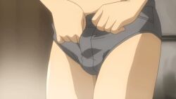  2boys androgynous animated animated_gif anime_screenshot ass blonde_hair boku_no_pico bottomless bulge censored chico_(boku_no_pico) clothes_pull erection erection_under_clothes green_eyes highres looking_at_penis male_underwear male_underwear_pull moss multiple_boys penis pico_(boku_no_pico) shorts shorts_pull shota trap twitching_penis underwear yaoi 