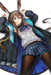 1girl absurdres amiya_(arknights) animal_ears arknights arms_up ascot black_coat blue_coat blue_collar blue_eyes blue_skirt breasts brown_hair brown_pantyhose center_frills chinese_commentary closed_mouth clothes_writing coat collar commentary_request cowboy_shot fingernails frills hair_between_eyes highres jewelry long_hair long_sleeves looking_at_viewer lying medium_breasts miniskirt multiple_rings nopetroto on_back pantyhose partial_commentary plaid_clothes plaid_skirt pleated_skirt purple_ascot ribbed_sweater ring simple_background skirt sleeveless sleeveless_sweater solo sweater thighlet two-sided_coat two-sided_fabric white_background white_sweater 