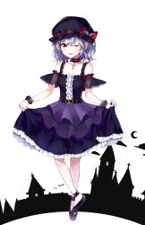  1girl absurdres adapted_costume anklet bare_shoulders bat_(animal) belt black_belt black_choker black_hat black_shirt black_shoes black_sleeves blue_hair bow breasts butterfly_hat_ornament center_frills choker cloud collarbone commentary crescent_moon cross crossed_ankles detached_sleeves fang frilled_choker frilled_skirt frilled_wrist_cuffs frills hat hat_bow hat_ornament highres jewelry latin_cross medium_breasts moon one_eye_closed open_mouth purple_skirt red_bow red_eyes remilia_scarlet ribbon-trimmed_hat satori_(kxdm8872) scarlet_devil_mansion see-through_clothes see-through_sleeves shirt shoes silhouette skirt skirt_hold sleeveless sleeveless_shirt smile solo standing standing_on_one_leg touhou white_background wrist_cuffs 