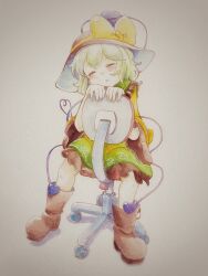  1girl black_hat blush boots bow brown_boots chair closed_eyes closed_mouth collared_shirt commentary_request eyeball facing_viewer floral_print frilled_shirt_collar frilled_skirt frilled_sleeves frills green_hair green_skirt hat hat_bow heart heart_of_string highres komeiji_koishi long_hair long_sleeves on_chair rose_print shiro_tsugumi shirt sitting sitting_backwards skirt sleeping solo swivel_chair third_eye touhou traditional_media wide_sleeves yellow_bow yellow_shirt 