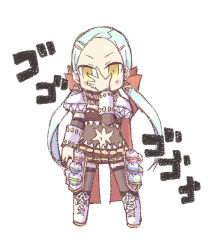  1girl armor blue_hair blush boots brown_skirt commentary_request flask forehead full_body genetic_(ragnarok_online) grey_thighhighs hand_over_face long_hair looking_at_viewer low_twintails menacing_(jojo) miniskirt navel pauldrons porinu potion ragnarok_online round-bottom_flask shoulder_armor simple_background skirt solo teeth thighhighs twintails v-shaped_eyebrows white_background white_boots yellow_eyes 