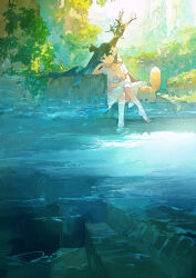  1girl animal arm_support barefoot bird crossed_legs dress feet_in_water lake nature original pointy_ears potg_(piotegu) sitting white_dress 