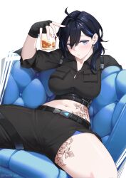  1girl absurdres ahoge asymmetrical_clothes ayase_yuu black_gloves black_hair blue_eyes blue_hair blush breasts chair collarbone covered_erect_nipples cropped_shirt fingerless_gloves gloves highres large_breasts long_hair looking_at_viewer multicolored_hair navel on_chair peesh_san phase_connect phase_connect_jp short_sleeves single_pantsleg sitting stomach streaked_hair tattoo virtual_youtuber 