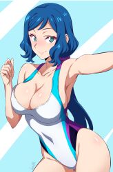 1girl absurdres aqua_eyes armpits batta_16-sei blue_background blue_hair blush breasts cleavage closed_mouth commentary competition_swimsuit covered_navel cowboy_shot gundam gundam_build_fighters highres iori_rinko large_breasts long_hair looking_at_viewer low_ponytail mature_female multicolored_swimsuit one-piece_swimsuit outstretched_arm parted_bangs ponytail scrunchie signature simple_background smile solo standing swimsuit white_one-piece_swimsuit rating:Sensitive score:85 user:danbooru