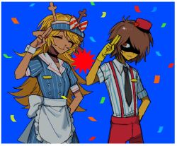  1girl 1other :| alternate_costume animal_ears antlers apron black_necktie blonde_hair blue_background border brown_hair buttons closed_eyes closed_mouth colored_skin confetti cowboy_shot deer_antlers deer_ears deer_girl deltarune double-breasted facing_viewer furry furry_female hand_up hat horns kris_(deltarune) long_hair looking_at_viewer necktie noelle_holiday one_eye_covered red_eyes red_hat salute shaded_face shirt short_hair simple_background slugrab striped_clothes striped_shirt suspenders two-finger_salute visor_cap waist_apron white_apron white_border white_shirt wrist_cuffs yellow_skin 