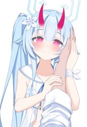 1boy 1girl bikini blue_archive blue_hair blue_halo blunt_bangs blush camisole center-flap_bangs chise_(blue_archive) chise_(swimsuit)_(blue_archive) closed_mouth collarbone commentary_request flower hair_flower hair_ornament half-closed_eyes halo hand_on_another&#039;s_arm happy hetero highres holding_hands horns long_hair long_sleeves looking_at_viewer official_alternate_costume official_alternate_hairstyle oni pov pov_hands red_eyes red_horns red_pupils sailor_bikini sailor_collar see-through_camisole see-through_clothes side_ponytail sidelocks simple_background skin-covered_horns sleeves_rolled_up smile solo_focus split_mouth straight-on striped_bikini striped_clothes swimsuit upper_body very_long_hair white_background white_camisole white_flower white_sailor_collar yamichi_(yamichi8369) 