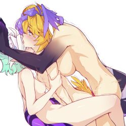  1girl 2futa ahoge blonde_hair blue_eyes breasts completely_nude dokibird_(vtuber) dragon_tail female_pubic_hair from_side futa_with_female futa_with_futa futanari grabbing_another&#039;s_arm green_hair group_sex head_wings highres indie_virtual_youtuber large_breasts mint_fantome multiple_futa multiple_girls nijisanji nijisanji_en nipples nude pointy_ears pubic_hair purple_hair ricegnat selen_tatsuki short_hair simple_background small_breasts tail threesome tongue tongue_out virtual_youtuber white_background white_hair wings 
