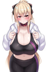  1girl absurdres black_sports_bra blonde_hair blush breasts cleavage collar cropped_jacket highres huge_breasts jacket kubiwa_(kutan) kutan leaning_forward long_hair looking_at_viewer navel open_clothes open_jacket original pants ponytail red_collar red_eyes solo sports_bra sportswear white_background yoga_pants 